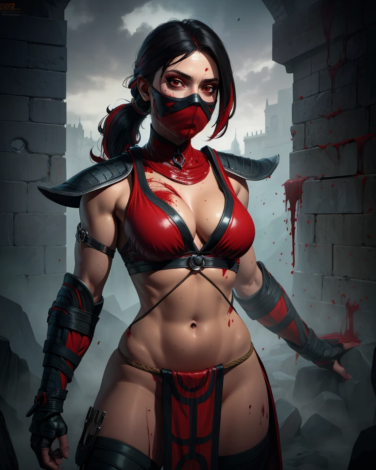 Skarlet,red eyes,black hair,multicolored hair,ponytail,mouth mask,
shouler pads,
red top,midriff,shoulder pads,pelvic curtain,gauntlets,bandages,bare shoulders,
standing,navel,toned,collarbone,
blood splatters on skin,dungeon,
(insanely detailed, masterpiece, best quality) solo,<lora:Skarlet-10MKv9:0.8>,