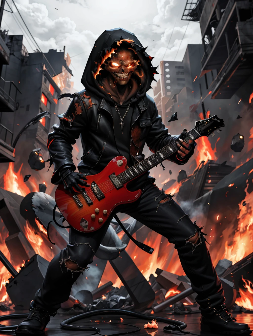 masterpiece, best quality, 8K, HDR, ultra detailed, TheGuy, hood, carnage, guitar, fire, destroyed courtyard, <lora:MMMRS:1>