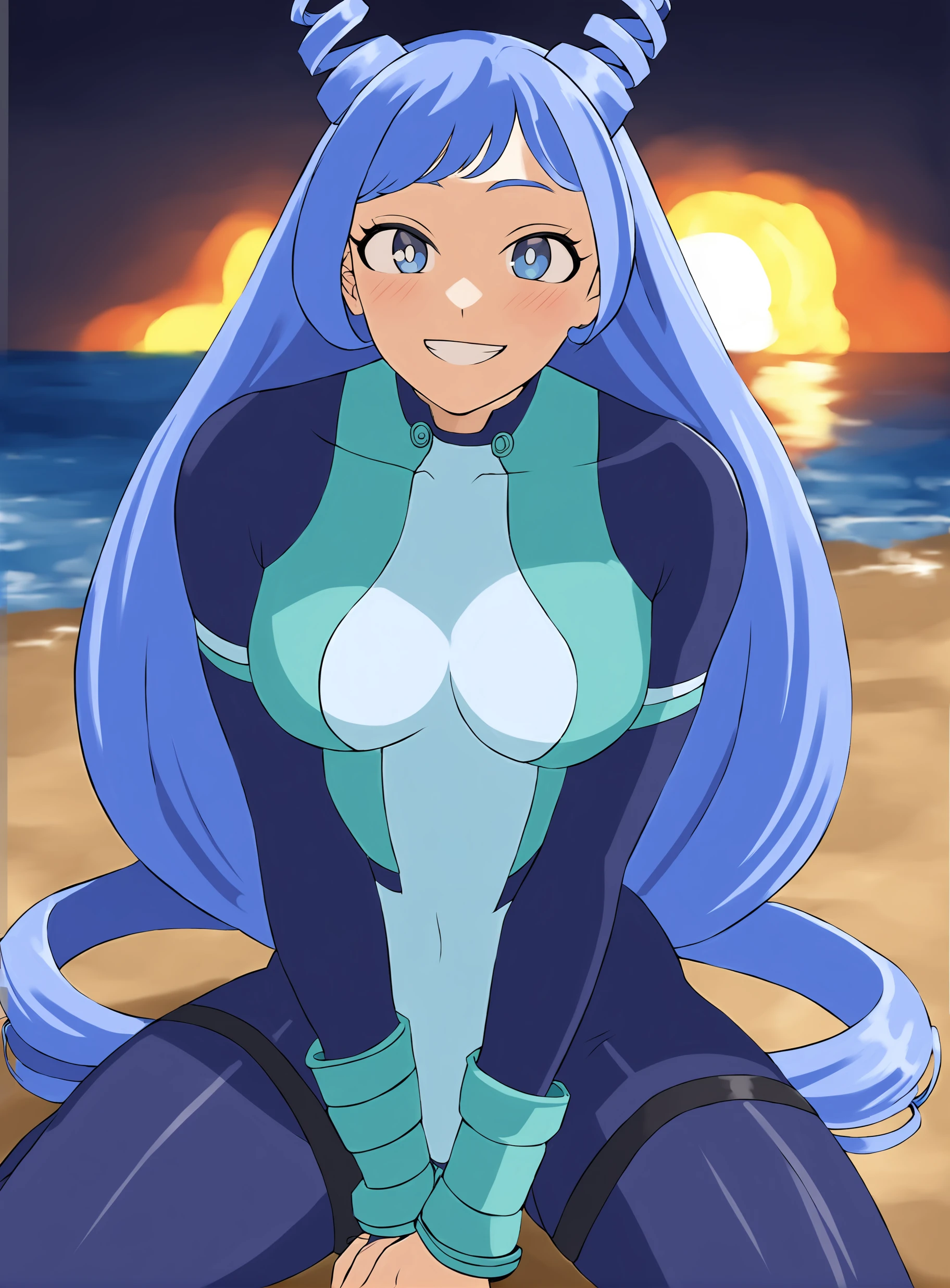 ,<lora:NejireAnimagine4:0.8>,Nejire Hado, 1girl, blue eyes, smile, hair horns, looking at viewer, drill hair, hand between legs, twin drills, sitting, superhero, blush, bangs, night time, skin tight, closed mouth, covered collarbone, medium breasts,beach, grin