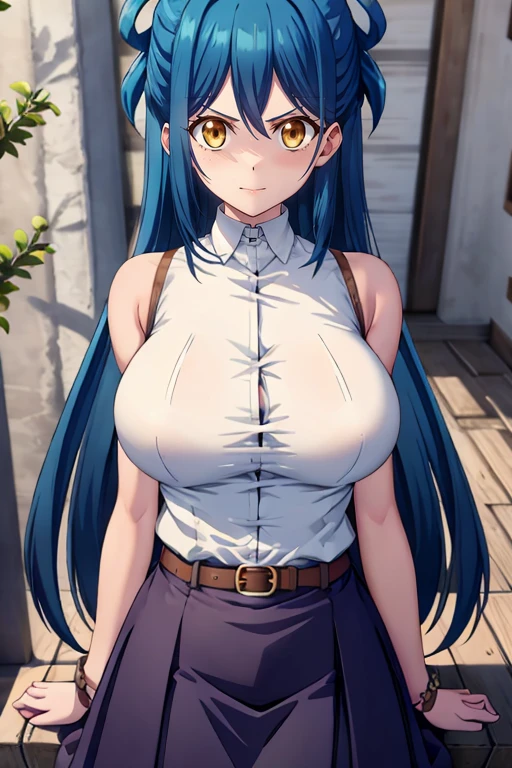 (masterpiece:1.2, best quality:1.2, beautiful, high quality, highres:1.1, aesthetic), detailed, extremely detailed, ambient soft lighting, 4K, perfect eyes, perfect face, perfect lighting, 1girl, solo, huge breasts, huge ass, huge thighs, narrow waist, wide hips, thick thighs, curvy, standing, looking at viewer, facing viewer, Emilia, Emilia from re zero, long hair, silver hair, blunt bangs, braid, hair ornament, hair flower, hair ribbon, purple ribbon blue pupils, purple eyes, ringed eyes, elf, cleavage, center opening,, naked overalls, collar, blushing,sweating, (breathing hard), (panting), anime, farm, smile,, outdoors, (masterpiece:1.2), highres, best quality, 8k, very clear,