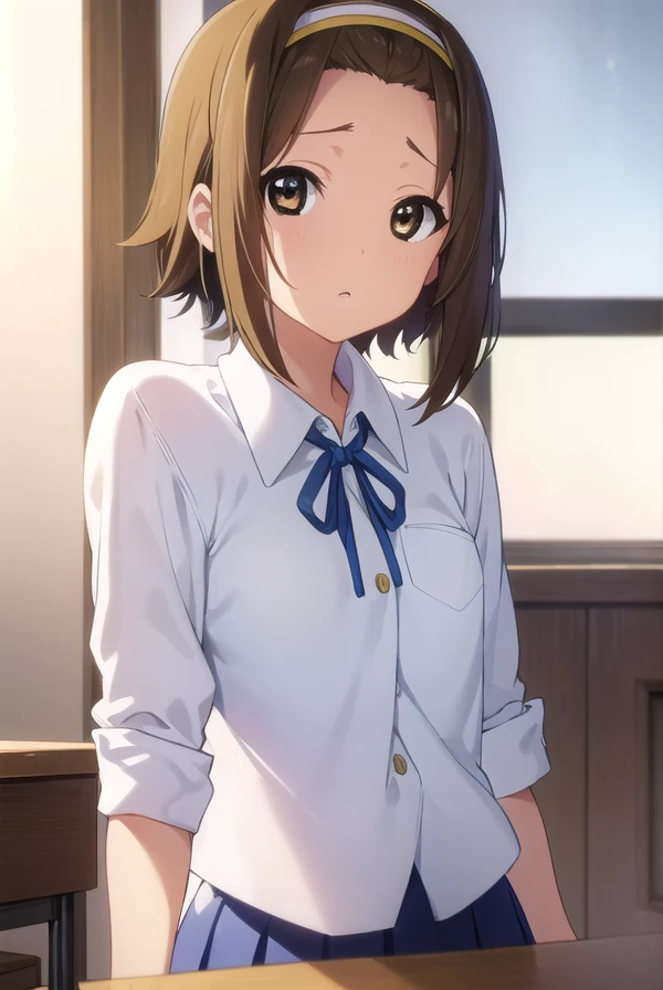 ritsutainaka, <lora:ritsu tainaka s2-lora-nochekaiser:1>,
ritsu tainaka, short hair, brown hair, (brown eyes:1.5), hairband, (forehead:1.2),
BREAK sakuragaoka high school uniform, school uniform, uniform, blazer, shirt, white shirt, collared shirt, skirt, pleated skirt,
BREAK indoors, classroom,
BREAK looking at viewer, (cowboy shot:1.5),
BREAK <lyco:GoodHands-beta2:1>, (masterpiece:1.2), best quality, high resolution, unity 8k wallpaper, (illustration:0.8), (beautiful detailed eyes:1.6), extremely detailed face, perfect lighting, extremely detailed CG, (perfect hands, perfect anatomy),