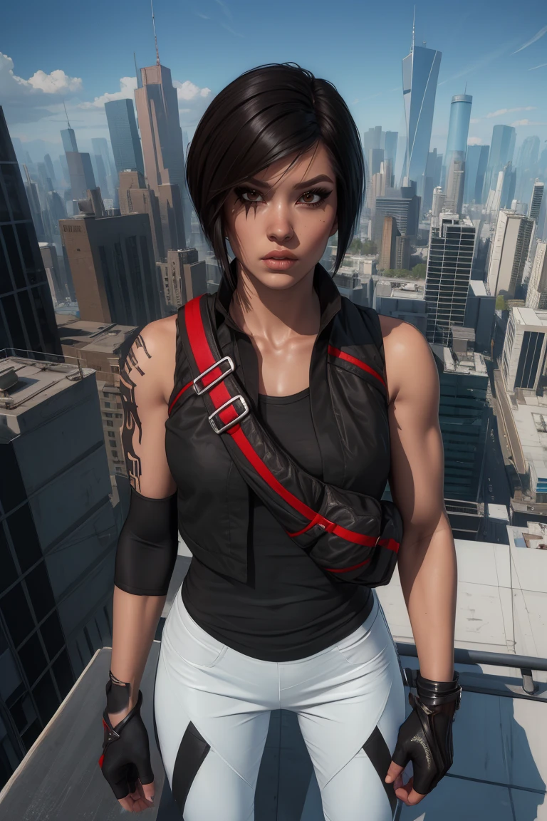 Faith,brown eyes,black hair,short hair,
right arm tattoo,right eye tattoo,
black shirt,black vest,white pants,fingerless gloves,sleeveless,chest bag,
standing,upper body,
white city,rooftop,mirror's edge,
(insanely detailed, masterpiece, detailed face, best quality) solo,<lora:FaithConnorsMEC:0.8>,