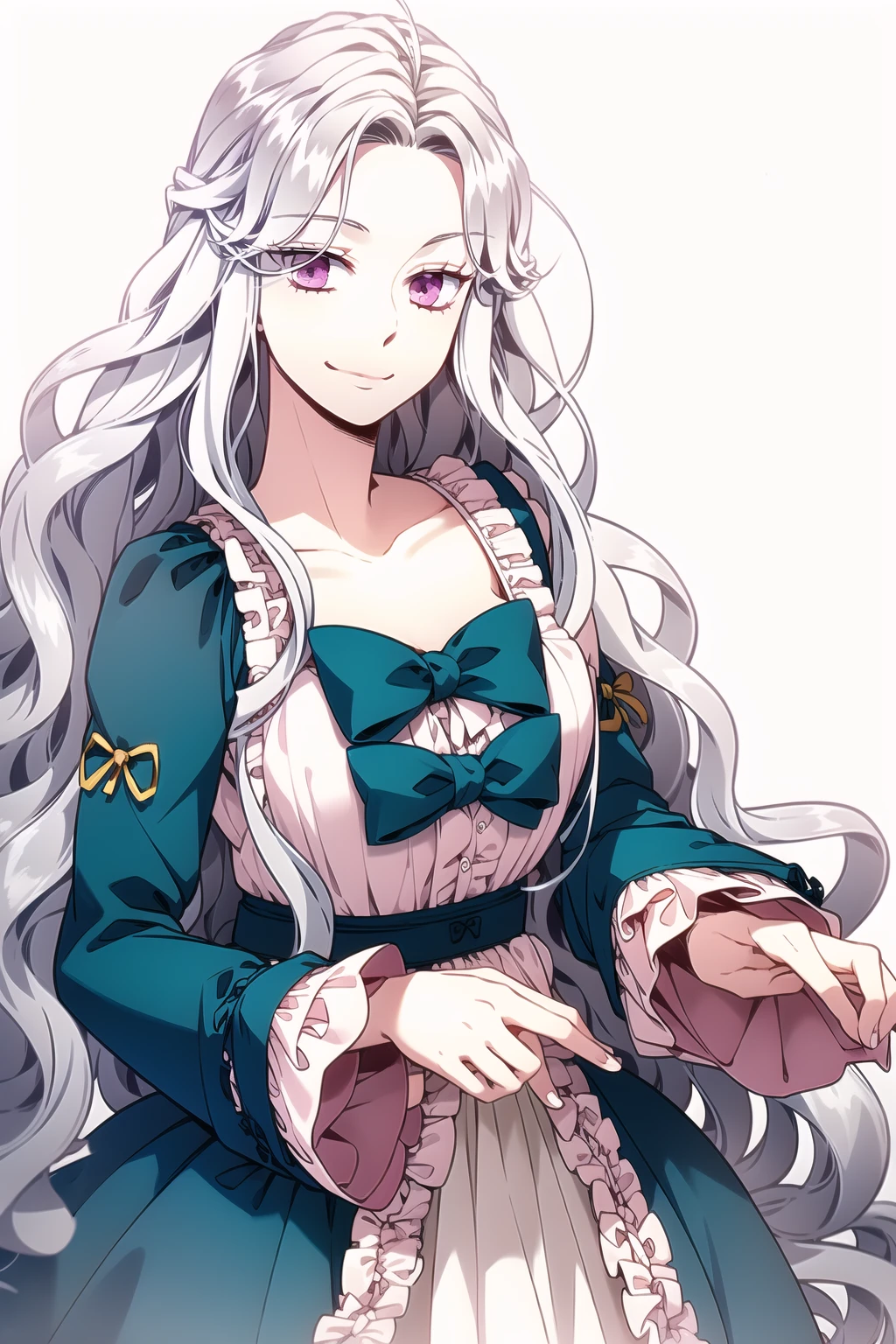 masterpiece, best quality, 1girl, long hair, solo, looking at viewer, purple eyes, very long hair, white hair, pink eyes, curly hair,  <lora:Abigail-001:1>, dress, frills, long sleeves, frilled sleeves, wide sleeves, collarbone, blue bow, smile,  <lora:add_detail:0.4>, white background,