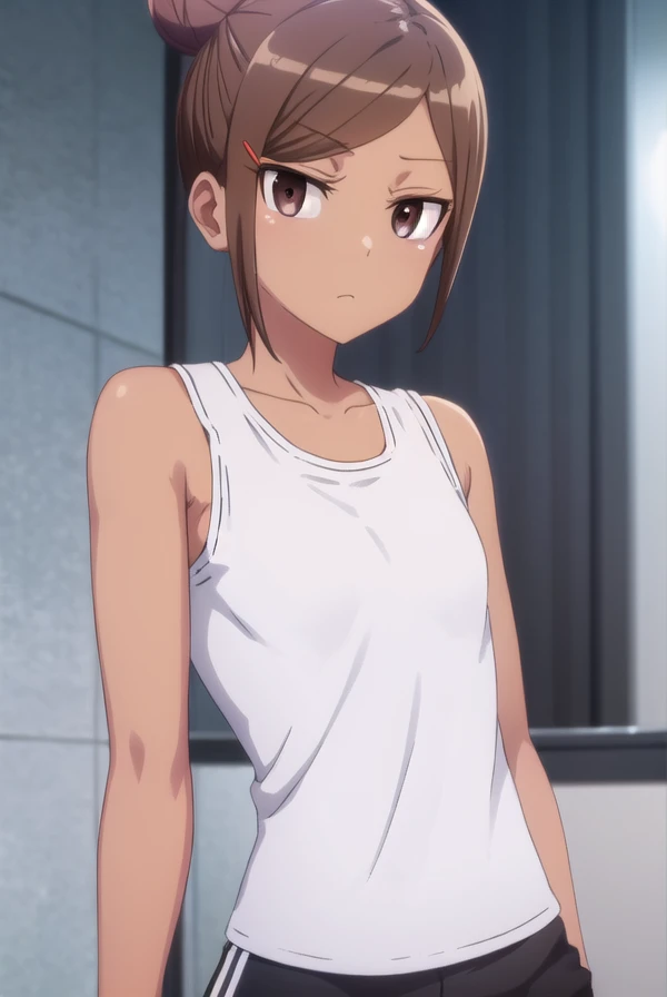 ayakauehara, <lora:ayaka uehara s1-lora-nochekaiser:1>,
ayaka uehara, brown hair, hair ornament, (brown eyes:1.5), hairclip, dark skin, hair bun, dark-skinned female, single hair bun,
BREAK shirt, white shirt, shoes, shorts, sleeveless, black footwear, sleeveless shirt, black shorts, tank top, sneakers,
BREAK indoors, gym,
BREAK looking at viewer,
BREAK <lyco:GoodHands-beta2:1>, (masterpiece:1.2), best quality, high resolution, unity 8k wallpaper, (illustration:0.8), (beautiful detailed eyes:1.6), extremely detailed face, perfect lighting, extremely detailed CG, (perfect hands, perfect anatomy),
