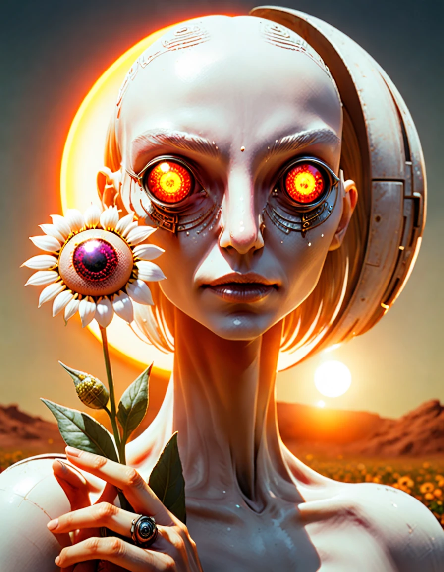 a woman with eye implants holding a flower in her hand, in front of a sun, a character portrait, scifi art