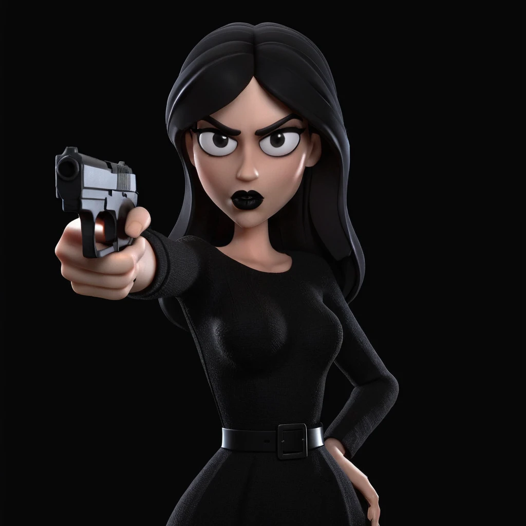 3d, 3d render, woman in black dress pointing a gun at camera,black lipstick, black background