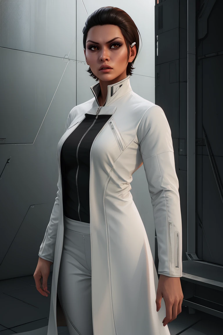 isabel,brown eyes,black hair,short hair,
white suit,white coat,white atttire,looking at viewer,serious,long sleeves,
standing,
science fiction,facility,mirror's edge,
(insanely detailed, masterpiece, best quality),solo,<lora:isabelkrugerMEC:0.8>,