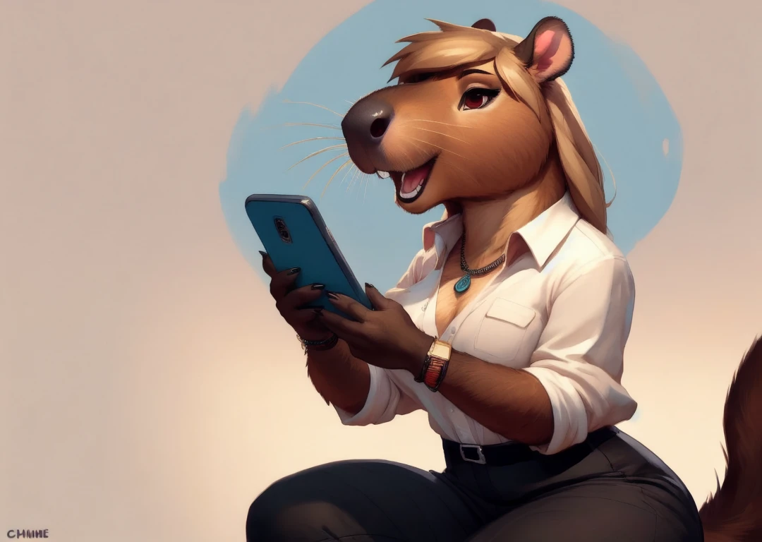 anthro,
female,
solo,
1boy, 1girl, animal, bag, black nails, blonde hair, brown fur, cake slice, capybara_anthro, collarbone, collared shirt, furry, gloves, hamster, high-waist pants, holding, holding phone, jewelry, necklace, no humans, open clothes, open mouth, plaid skirt, realistic, shadow, simple background, solo, squatting, teeth, toes, watermark, whiskers, white background,
(intricate:1.1),
(high detail:1.2),
(soft focus),
(masterpiece, best quality, 4k, 2k, shaded, absurd res),
hyper realism,
by Chunie,
by CyanCapsule,
by Hallogreen,
<lora:Capybara_Anthro:1> capybara_anthro, anthro,
female,
solo,
<species>,
<lora>,
(masterpiece, best quality, 4k, 2k, shaded, absurd res),