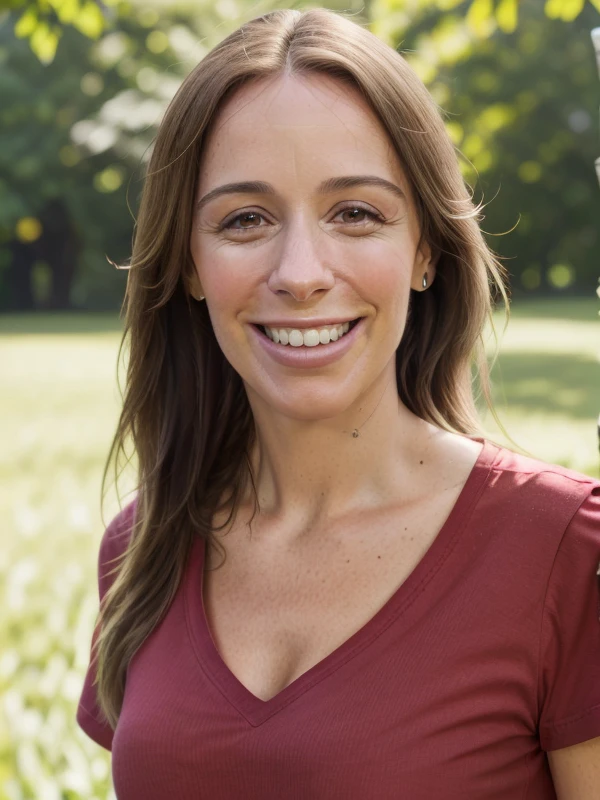 gquality, <lora:vidal-10:1> vidal, 1girl, solo, looking at viewer, smile, shirt, realistic, teeth, upper body, outdoors, grin, depth of field, blurry background, red shirt