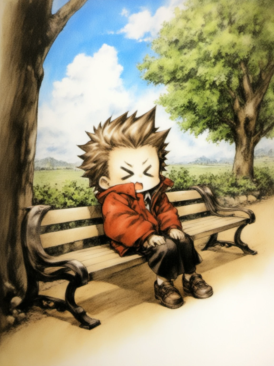 male focus,traditional media,
//,
brown_hair, jacket, closed_eyes, open_mouth, spiked_hair, upper_body, >_<, simple_background, red_jacket,1girl, cloud, solo, outdoors, scenery, sky, school uniform, tree, bench,,
//,
<lora:å°å²æç¾æ¶é­åXL-000015:1>,