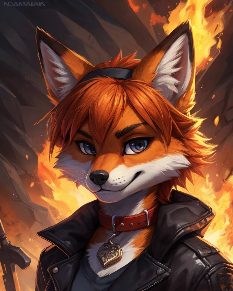 (detailed fire background)1.1, anthro furry female fox, orange hair, enface portrait, small, looking at viewer, intimidating, smirk, black headband, collar, jacket, highly detailed, absurdres, cinematic lighting, soft, fluffy, by adam wan, by Roanoak, by The Secret Cave