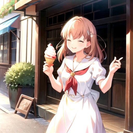 <lora:KahoHinoshita-08:0.7>, LLkaho, smile, brown hair, hair ornament, dress, holding, closed mouth, closed eyes, short sleeves, outdoors, food, day, puffy sleeves, sailor collar, water, white dress, neckerchief, ^_^, eating, sunlight, holding food, red neckerchief, sailor dress, white sailor collar, ice cream, spoon, rabbit hair ornament, holding spoon, ice cream cone