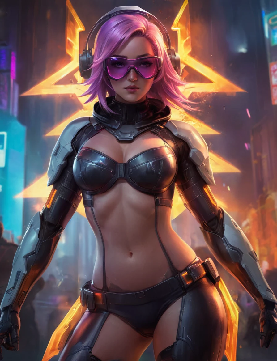 project hooded woman with colorful glowing hair and glasses,sexy bikini armor suit,pinup,futuristic,scifi,cinematic,glowing armor features,frontview,full body,hyperdetailed photography,50nm dof,bokeh,realistic,sharp focus,ultra detailed,8k uhd,masterpiece,awardwinning,trending on artstation, ambient,volumetric,wallpaper,official art,__lightning__, <lora:projectxl-000003:0.7>,purple theme,joji shinkawa and sandra chevrier style