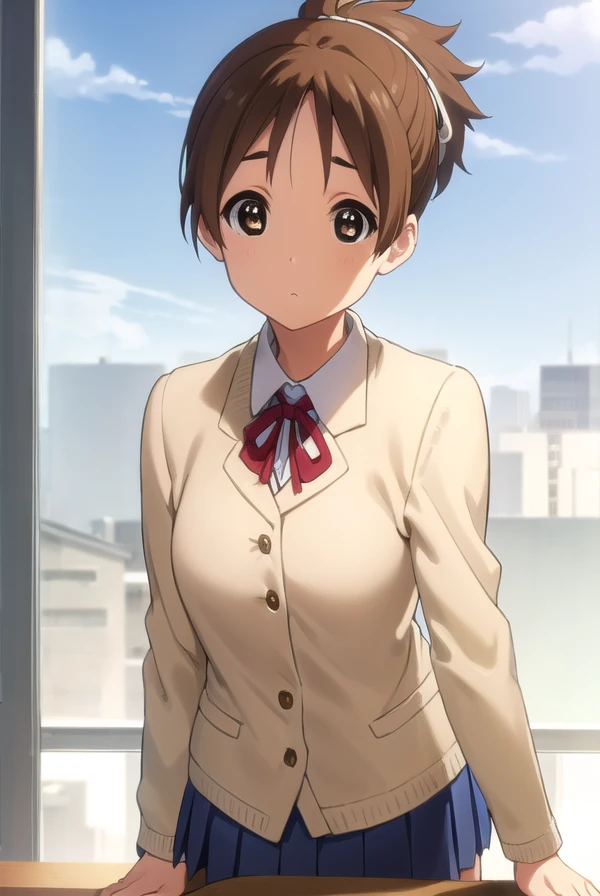 konuihirasawa, <lora:ui hirasawa s2-lora-nochekaiser:1>,
ui hirasawa, short hair, brown hair, (brown eyes:1.5), ponytail,
BREAK sakuragaoka high school uniform, school uniform, uniform, blazer, shirt, white shirt, collared shirt, skirt, pleated skirt,
BREAK indoors, classroom,
BREAK looking at viewer, (cowboy shot:1.5),
BREAK <lyco:GoodHands-beta2:1>, (masterpiece:1.2), best quality, high resolution, unity 8k wallpaper, (illustration:0.8), (beautiful detailed eyes:1.6), extremely detailed face, perfect lighting, extremely detailed CG, (perfect hands, perfect anatomy),