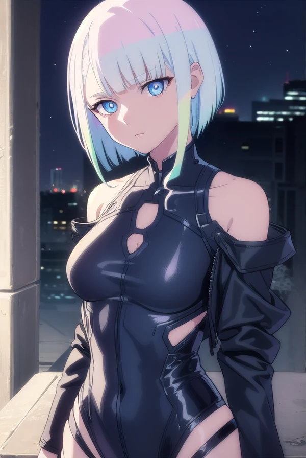 cyberpunk edgerunners, 1girl, lucy \(cyberpunk\), bare shoulders, blue eyes, breasts, leotard, looking at viewer, medium breasts, off-shoulder jacket, off shoulder, red eyeliner, short hair, sleeveless turtleneck leotard, solo, turtleneck leotard, white hair, ((masterpiece))