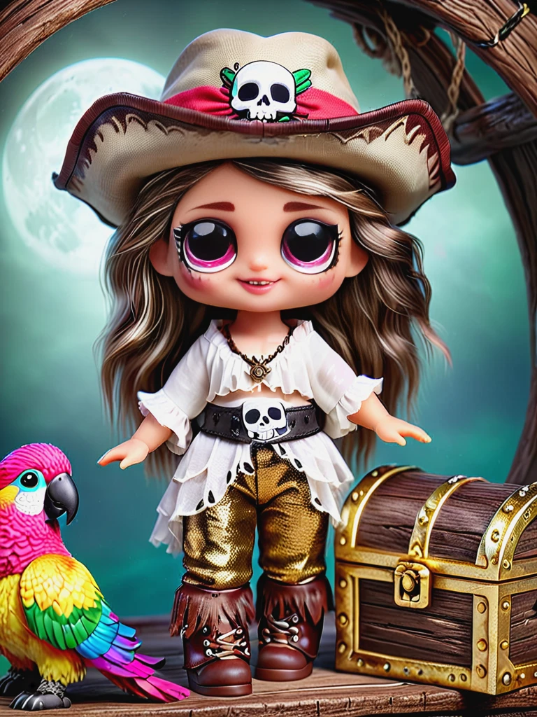 ais-lolz pirate, grinning roguishly, with a weathered tricorn hat and a colorful parrot companion, aboard a ghost ship sailing through misty, moonlit seas. Treasure chests and old maps add to the adventurous ambiance <lora:LOL_Surprise_Style_SDXL:1>