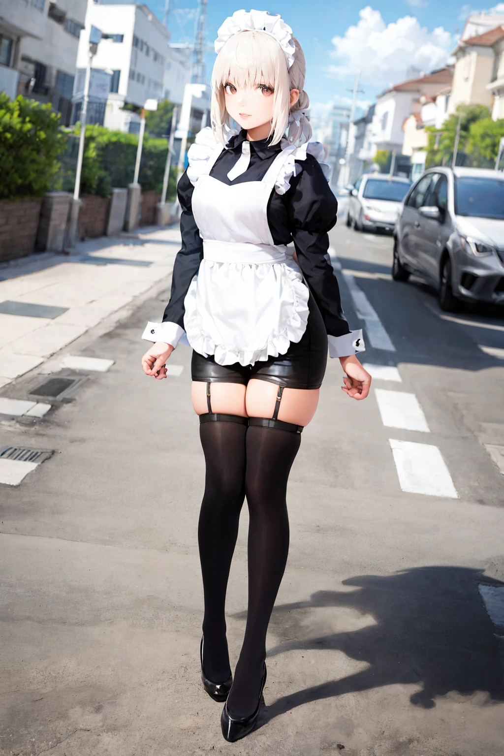 ass, gyaru, dark-skinned, shiny oiled skin, blond hair, wearing French maid costume with many fine frills, squatting, looking back, in the street