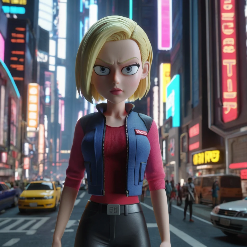 3d, 3d render, android 18 at futuristic city,highly detailed, vibrant, production cinematic