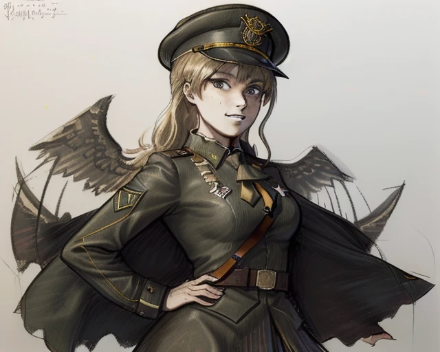 chalksketch,chalk,rough lines,full body,1girl,solo,t-pose,youjo senki,tanya degurechaff,military hat,military uniform,evil grin,crazy eyes,<lora:chalksketch15:1>