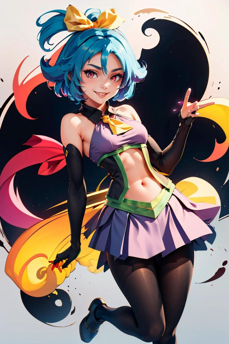((masterpiece,best quality)), absurdres, <lora:ricegnat_style:0.6>,
<lora:Mio_Orange_Juice:0.8>, Mio_Orange_Juice, 1girl, solo, red eyes, blue hair,
short hair, skirt, ribbon, navel, full body, hair ribbon, pantyhose, black elbow gloves,
solo, smiling, looking at viewer, cowboy shot,