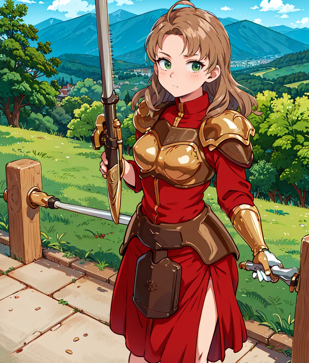 masterpiece, high res, detailed face, detailed eyes, anime screencap, 1 girl, solo, slemder woman, mature, long hair, medium breasts, dark blonde, green eyes, hair at one side, red outfit, bronze armor, outdoors, medieval town, cowboyshot full body <lora:Valeria:1>