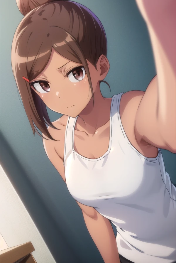 ayakauehara, <lora:ayaka uehara s1-lora-nochekaiser:1>,
ayaka uehara, brown hair, hair ornament, (brown eyes:1.5), hairclip, dark skin, hair bun, dark-skinned female, single hair bun,
BREAK shirt, white shirt, shoes, shorts, sleeveless, black footwear, sleeveless shirt, black shorts, tank top, sneakers,
BREAK indoors, gym,
BREAK looking at viewer,
BREAK <lyco:GoodHands-beta2:1>, (masterpiece:1.2), best quality, high resolution, unity 8k wallpaper, (illustration:0.8), (beautiful detailed eyes:1.6), extremely detailed face, perfect lighting, extremely detailed CG, (perfect hands, perfect anatomy),