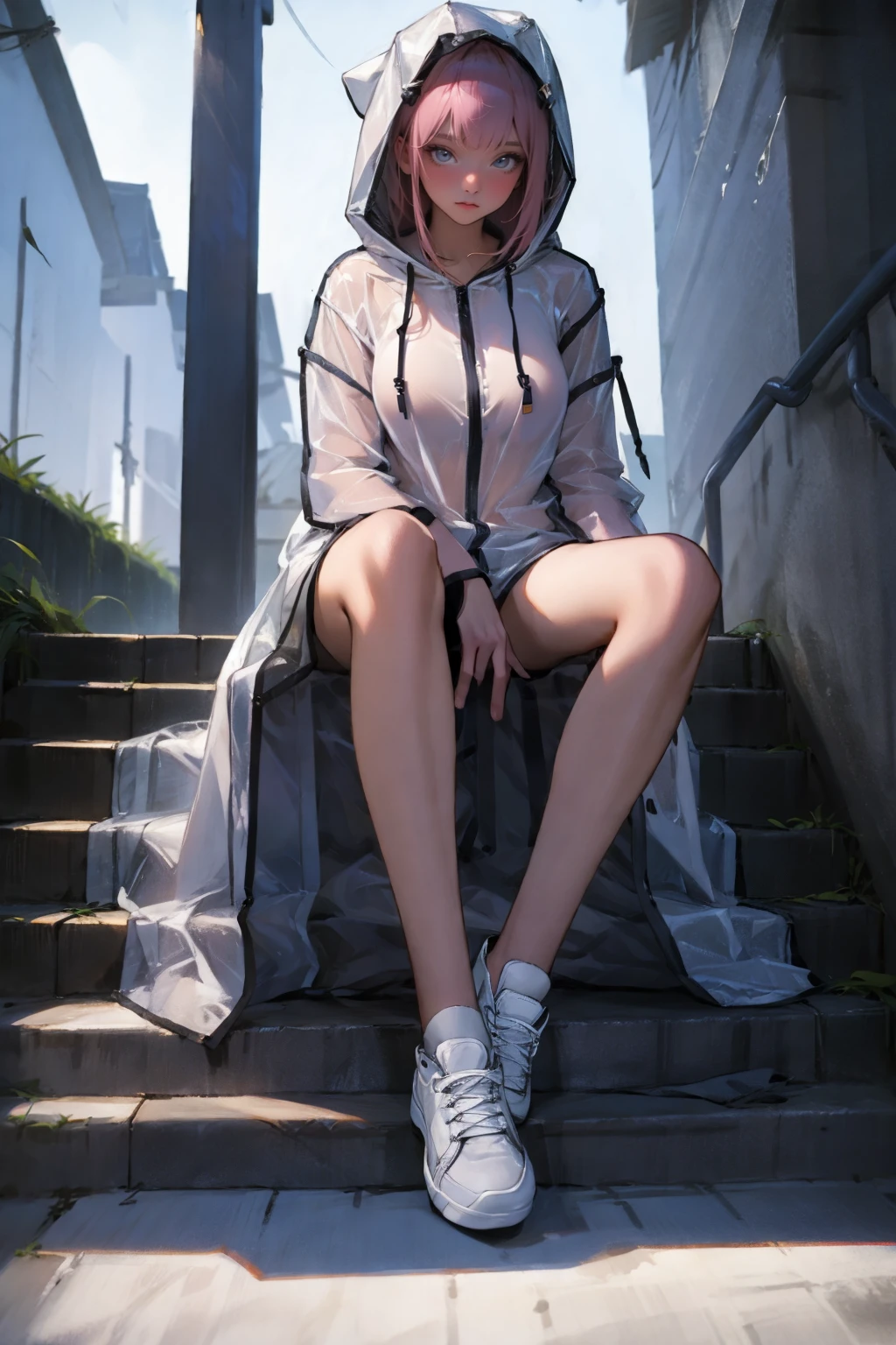 1girl,solo,medium breasts,outdoors,<lora:GoodHands-beta2:1>,(full body:1.3),<lora:0151 Girl in transparent raincoat_v1:0.9>,ruanyi0151,see-through,raincoat,long sleeves,hood,bottomless,sitting on stairs,sneakers,pink hair,, (masterpiece, best quality, hires, high quality, by professional artist, ultra detailed, extremely detailed, absurdres, incredibly resolution:1.2), good hands, perfect hands,