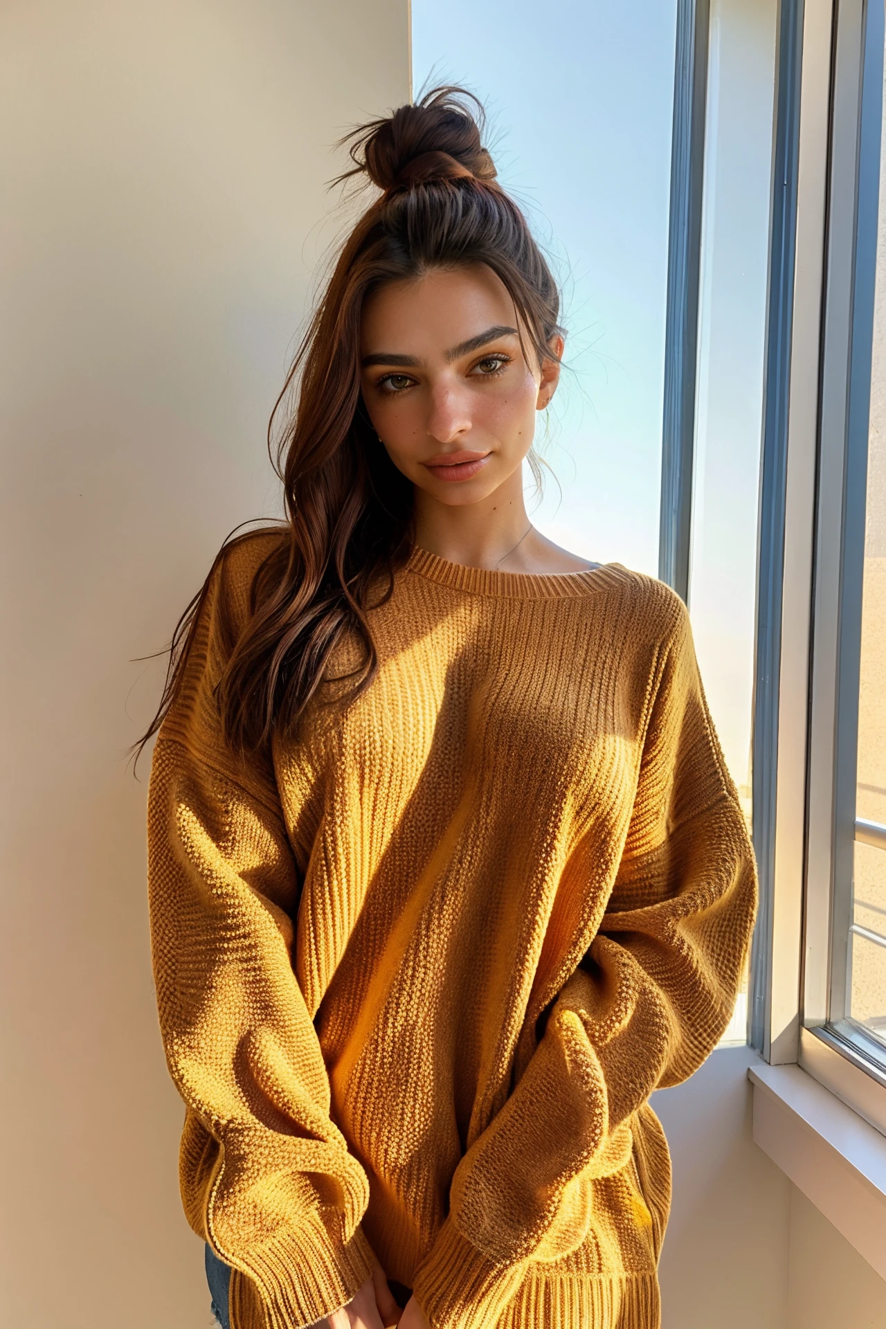 hyperrealistic photo of an edgy pinterest woman, 20 years old, wearing an oversized sweater, happy, dimples, natural look, sunny, soft lighting, emotional, grainy <lora:EmilyRATonemoretime:1> 3mrat1o