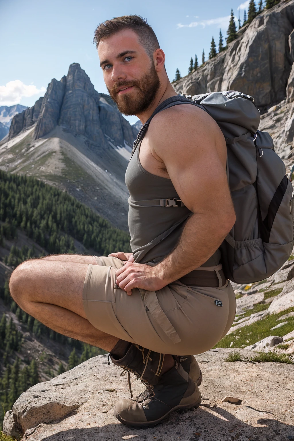 masterpiece, best quality, high resolution, closeup portrait, male focus, solo focus, a young man, pretty shirtless  sweaty hairy guy hiking, bending over camera perspective, bleached blonde hair, 25 years old, hiking and climbing, view from below, scruffy, closeup, interesting perspective, skinny and lean body, pretty cute and masculine face, smirk, no body hair, wearing nothing, completely naked, standing back, backward to viewers, showing huge male butt, round muscular ass, bubble butt, tight ass, back view, naked, you can see his beautiful big round butt, hiking backpack, spreading legs pose, filthy, sweaty, skinny, naked, bare chest, in the background a moutain, hiking trail, outdoors, view from below, amazing composition, HDR, volumetric lighting, ultra quality, elegant, highly detailed