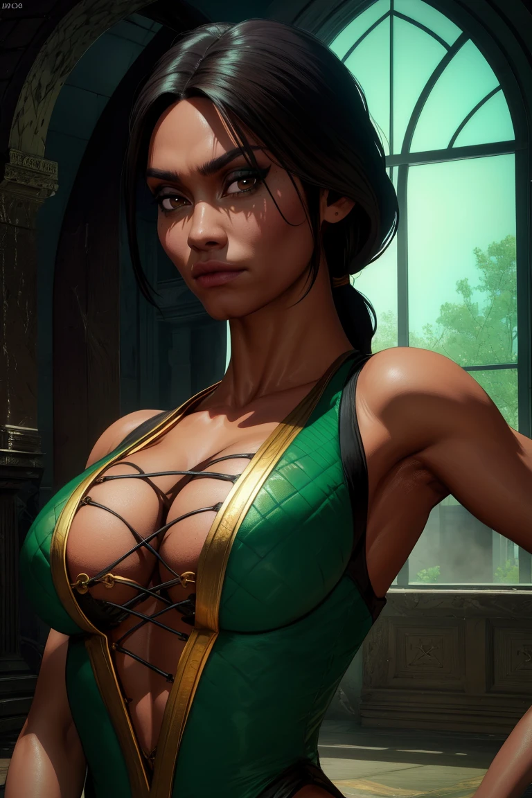 jade,black hair,brown eyes,low ponytail,green leotard,
standing,upper body,looking at viewer,cleavage,,palace,morning,
(insanely detailed, beautiful detailed face, masterpiece, best quality) cinematic lighting,solo,<lora:JADE-11MK11v8:0.8>,