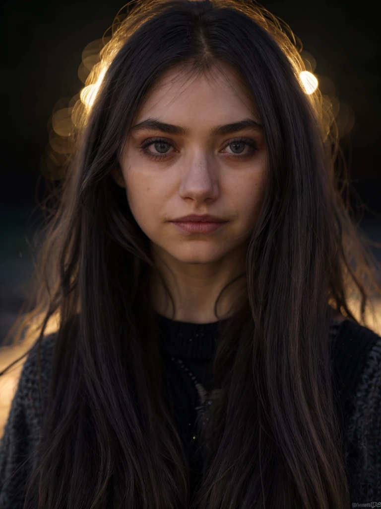 im0gen,black long hair,close-up,night,dreamy,beach background,wearing sweater,extreme dof,masterpiece,intricated,bokeh,soft lighting,chiaroscuro,close-up,dynamic pose,(extremely detailed),(detailed skin),realistic photo,standing,add_detail,8k,uhd