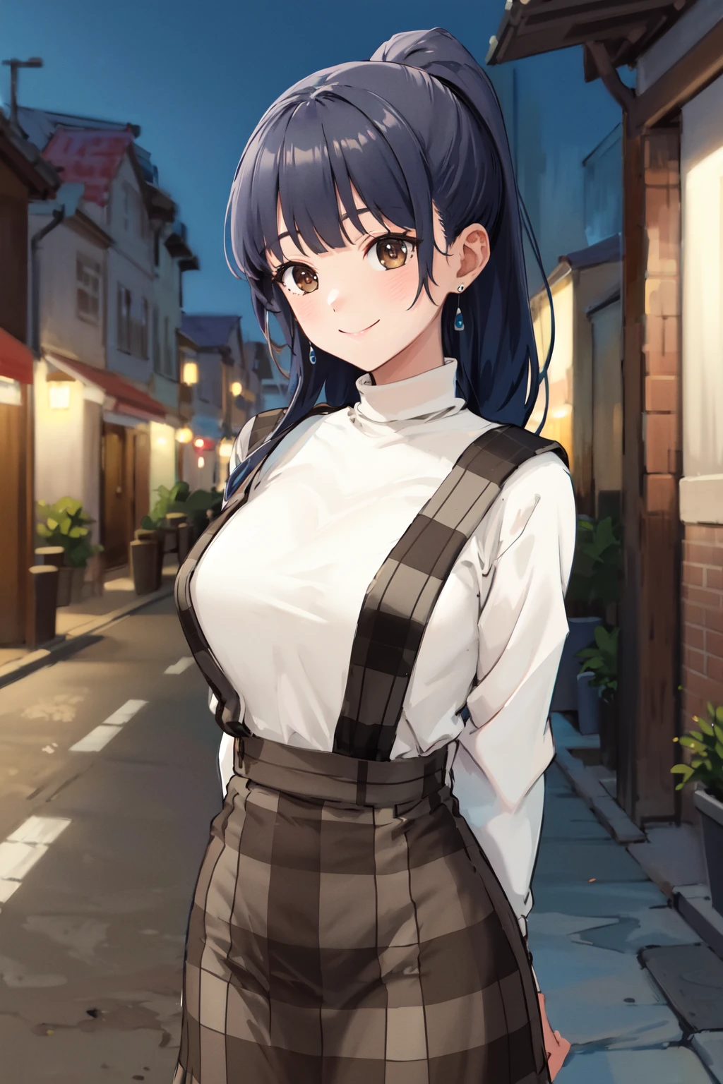 masterpiece,best quality,highres,ultra-detailed,bbanna,long hair,ponytail,bangs,earrings,large breasts,white sweater,turtleneck,long sleeves,suspender skirt,plaid skirt,<lora:yamada_anna:0.9>,outdoors,cowboy shot,smile,standing,arms_behind_back,