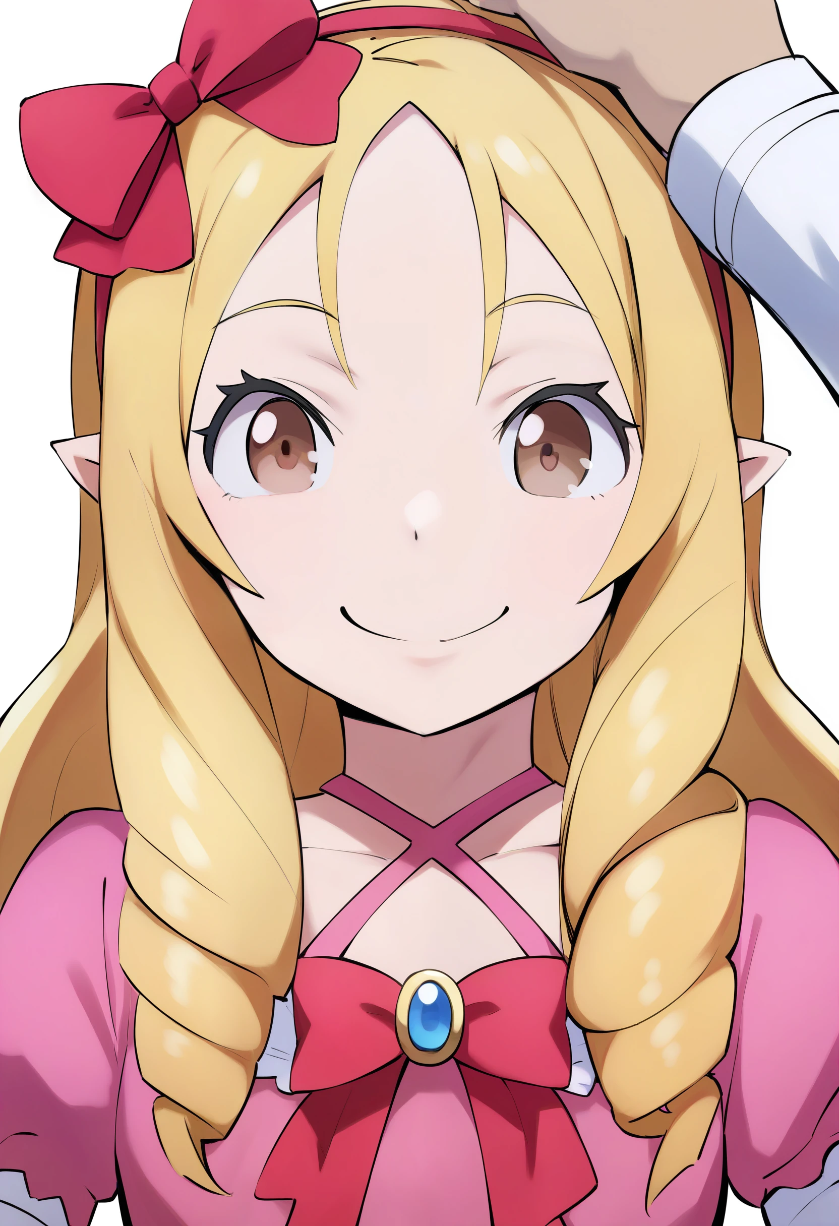 score_9, yamada elf, 1girl, solo, smile, looking at the viewer, blonde hair, long hair, drill hair, brown eyes, pointy ears, small breasts, red hairbow, hairband, pink dress, bow, upper body, long sleeves, pov, headpat, simple background, white background <lora:Yamada_Elf-XL-pony:0.75>