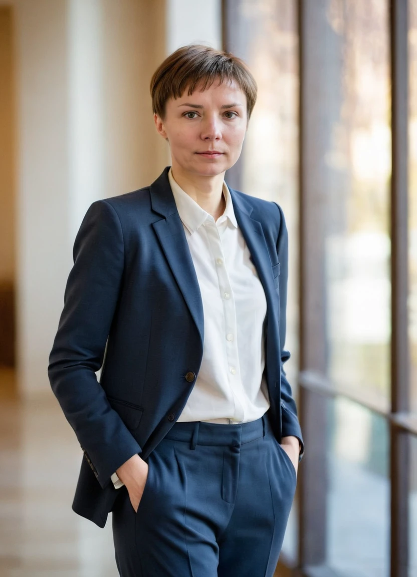 marinagrankova, a woman with short brown hair, full body, business suit, pants, shoes, formal, soft light, bokeh, shallow depth of field,
 <lora:MarinaGrankova_XL:0.8>