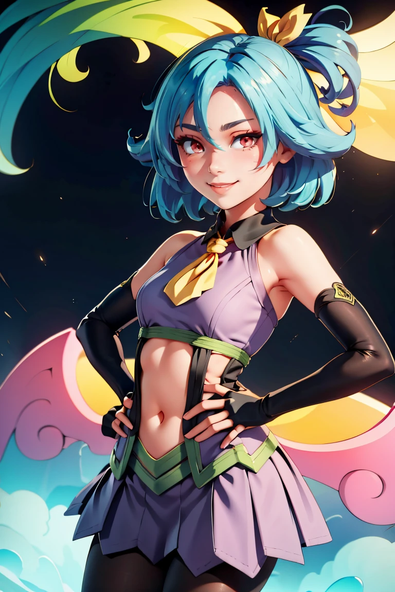 ((masterpiece,best quality)), absurdres, <lora:ricegnat_style:0.6>,
<lora:Mio_Orange_Juice:0.8>, Mio_Orange_Juice, 1girl, solo, red eyes, blue hair,
short hair, skirt, ribbon, navel, hair ribbon, pantyhose, black elbow gloves,
hand on hip, hip to the side, contrapposto, smug, blush,
solo, smiling, looking at viewer, cowboy shot,
