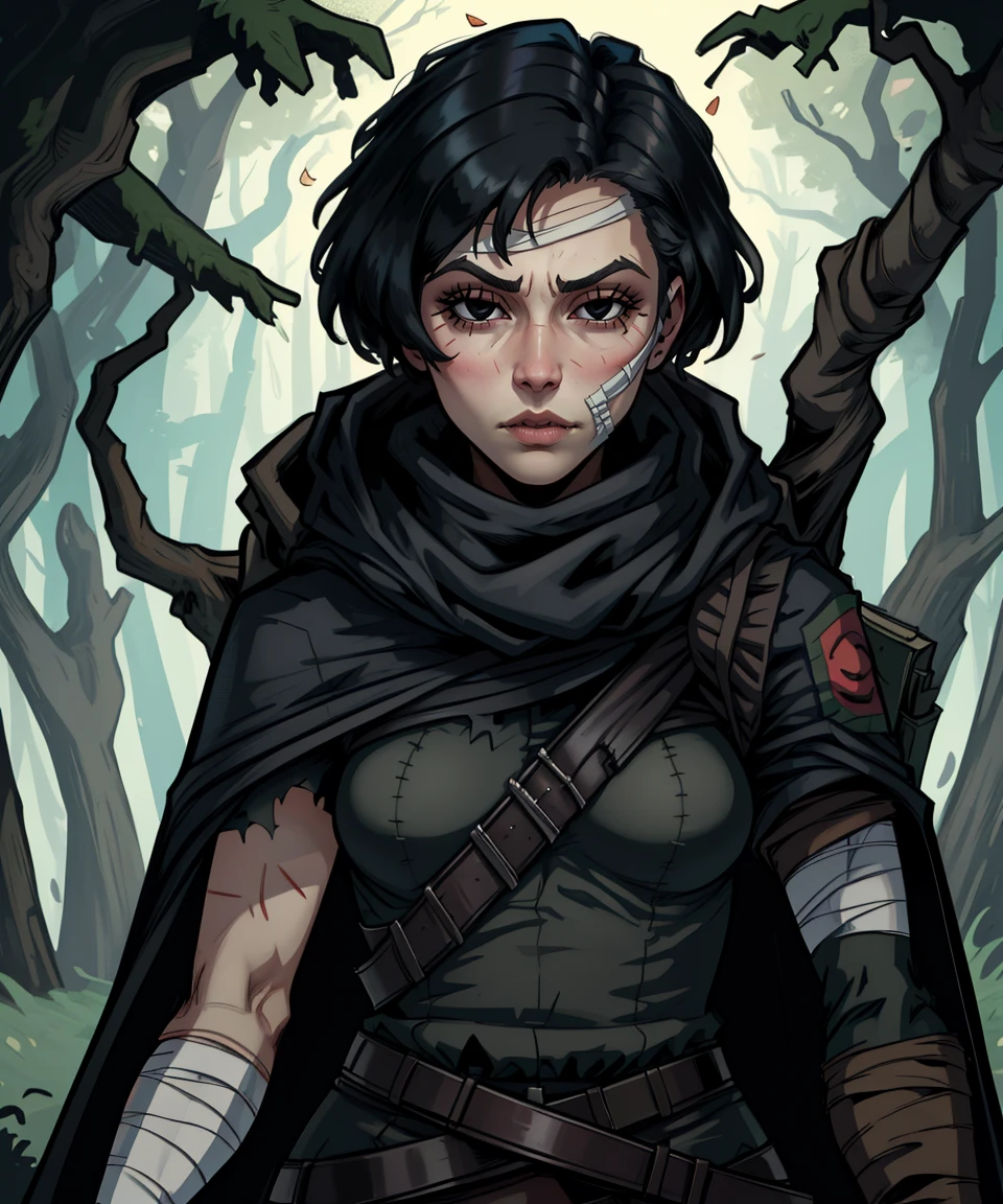 Rnway,black hair,haded face,black eyes,pixie cut,
arm bandages,torn clothes,cape,cleavage,midriff,toned,
darkest dungeon,dark forest,
solo,
sitting, tree, night,
(insanely detailed, masterpiece, best quality),
<lora:Runaway-10DDv7:0.8>,