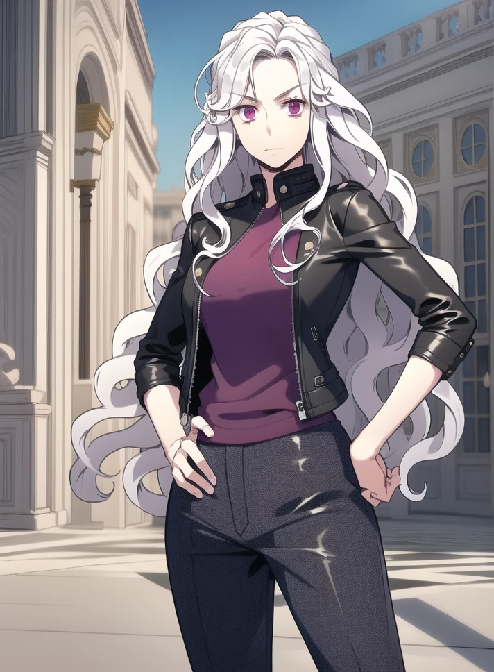 ,(capitol building background:1.2), (leather jacket:1.2), (Standing with one hand on the hip :1), 
1girl, long hair, solo, looking at viewer, purple eyes, very long hair, white hair, pink eyes, curly hair, (afraid face),  <lora:Abigail-002:0.9>