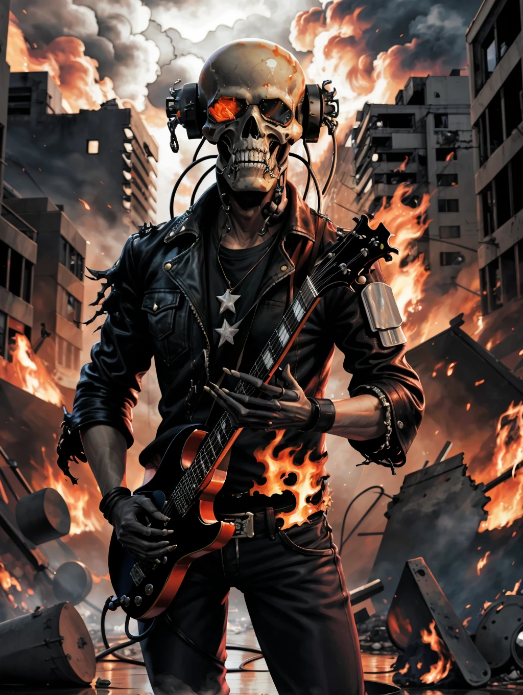 ((best quality)), ((masterpiece)), ((realistic)), (detailed), (Man with skull instead of head:1.2), ((playing the electric stratocaster guitar)), (wearing the black leather jacket), flames, (metalhead, rock and roll), detailed digital art, trending artstation, concept art, unreal engine, hyper detailed, volumetric light, moody cinematic epic concept art, realistic matte painting, cinematic epic , insanely detailed, , ((masterpiece)), absurdities, HDR --auto --s2