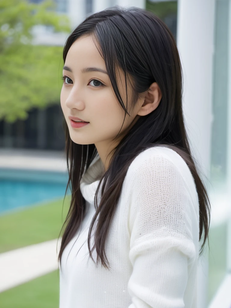 <lora:YourSaaya_Irie_SDXL:.7>, highres,best quality ,((Saaya Irie)),japanese woman, (close-up:2), (natural lighting) ,(from side), (white sweater),(dyanmic posing) (see-through curtain), pool, tree,hotel city,