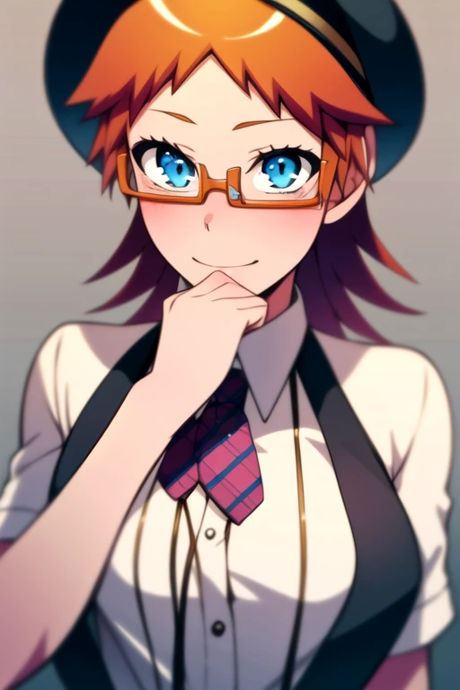 photorealistic, (4k), depth of field, (Masterpiece), (realistic skin texture), extremely detailed, intricate, hyper detailed, high resolution, professional photography, , depth of field, sharp detail, best quality, , 1girl, solo, <lora:mikan_akemi:0.98>, mikan_akemi, orange hair, blue eyes, , glasses, , jumpsuit, cloche hat, ,