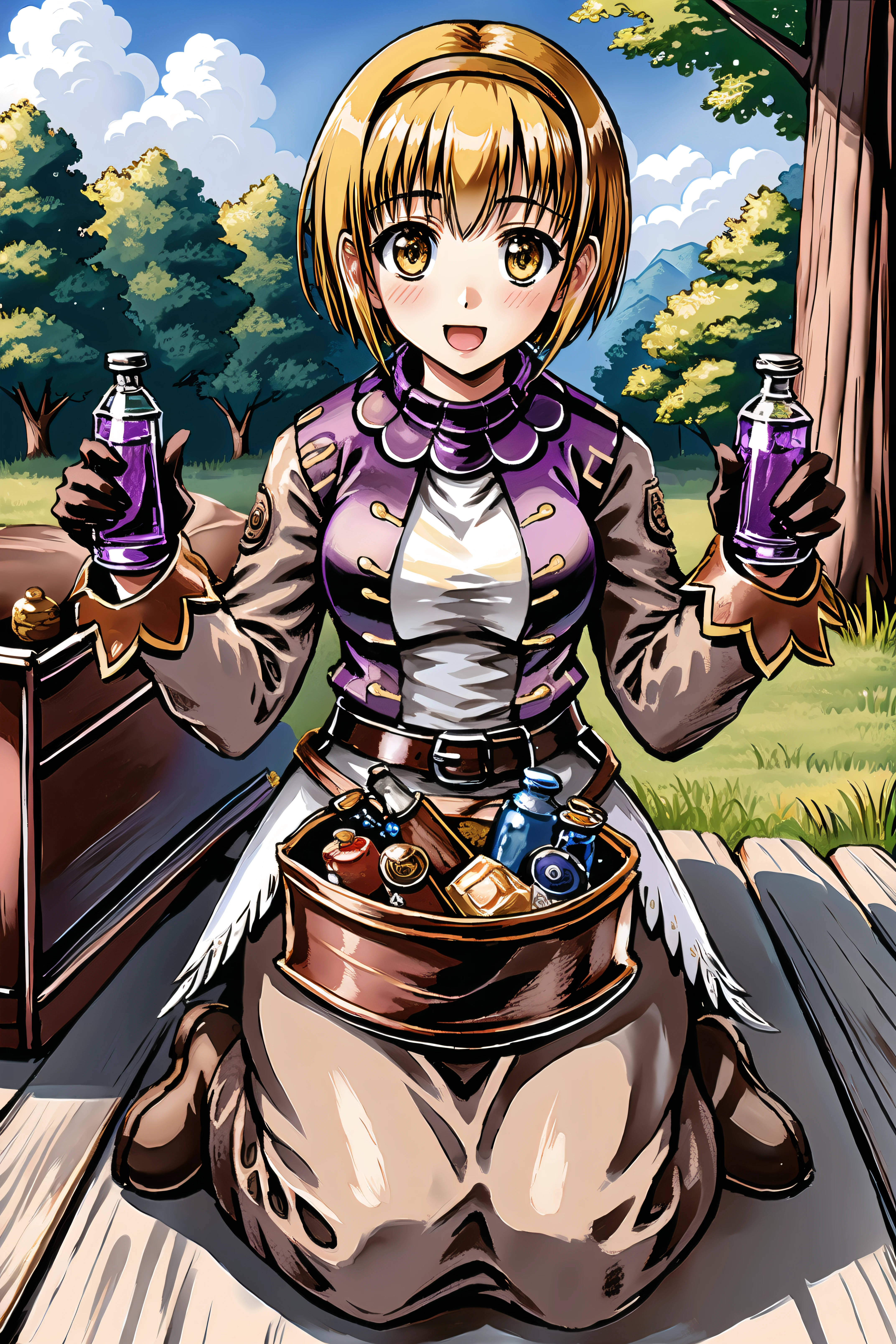 <lora:merchantROV1.8-000006:0.8>, merchRo, long brown sleeves, turtleneck, vest, belt, long skirt, brown gloves, coat, black legwear, brown shoes, brown ankle boots,
1girl,
blonde hair, yellow eye, short hair, hairband,
smile, happy, open mouth,
looking at viewer, ((from above)), facing to viewer,
((holding potion bottle:1.2)), clenched hands, raised hand, hand up, hoiding,
sitting, ((seiza)), on knee, grass floor, on mat,
carry bag, carrying, bag, large bag, front large bag, large bag on lap,
potion bottle, tome, scroll, fuite, ((wooden cart :1.4)),
outdoor, jungle, large tree, sky, cloud, grass, fallen log,