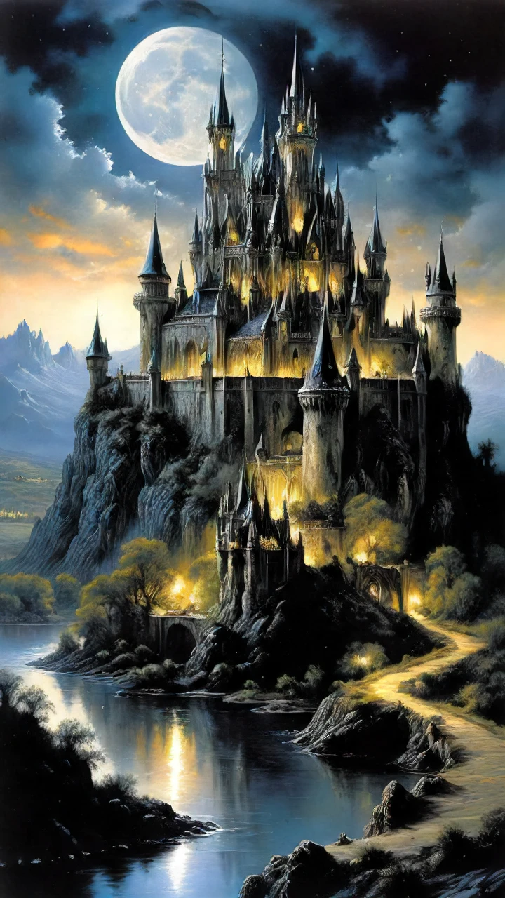 Moonlit Camelot Castle, epic magical landscape, by Luis Royo, by Boris Vallejo, fantasy painting