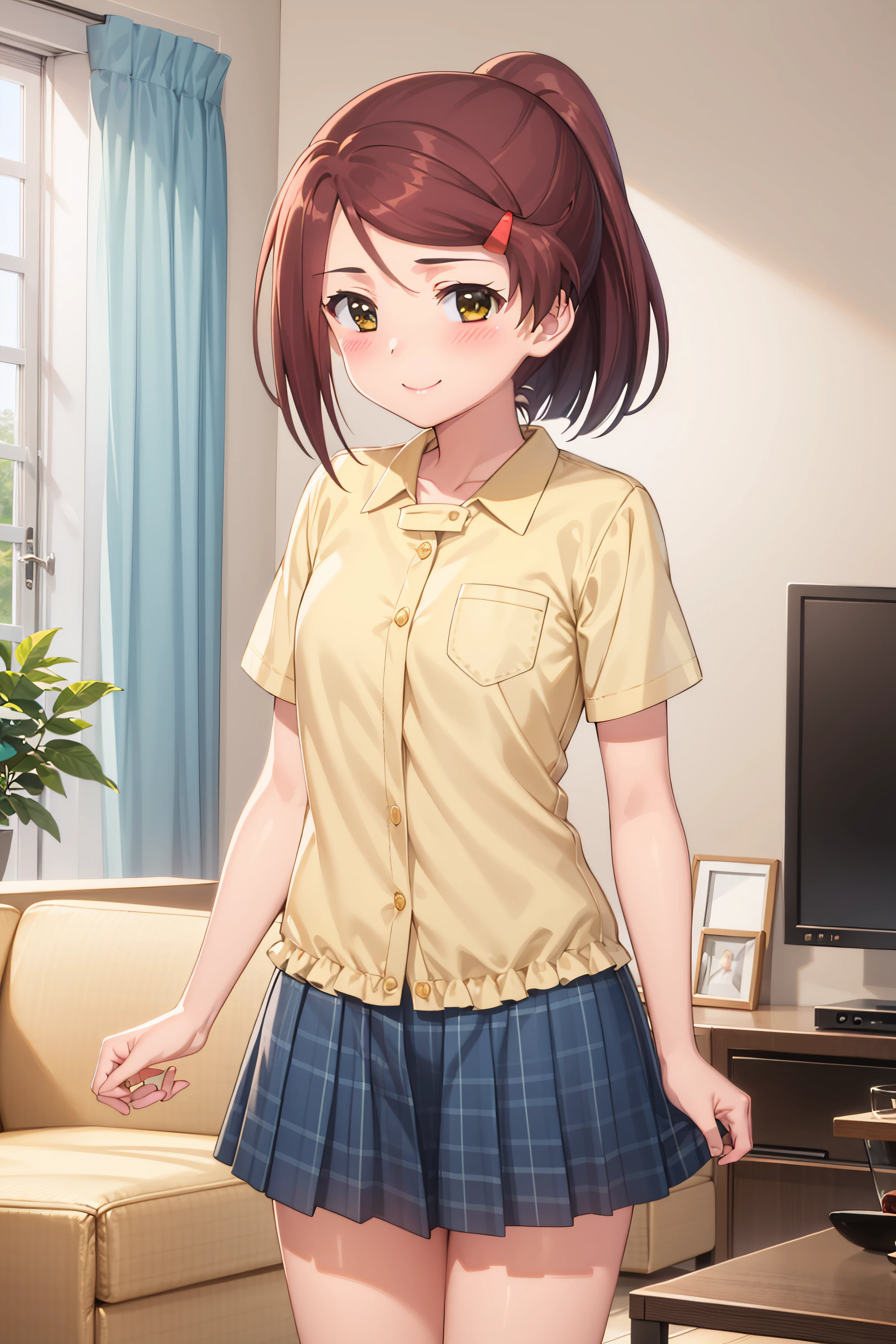 best quality, masterpiece, detailed,
<lora:KissXSis_SuminoeAko:0.8>, Ako,
1girl, closed mouth, light smile, blush,
brown hair, brown eyes, short hair, ponytail, hairclip,
AkoHome, shirt, blue skirt, short sleeves,
standing, looking at viewer,
indoors, couch, television, living room