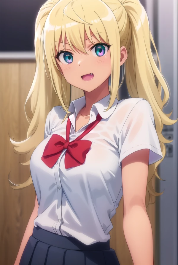 hibikisakura, <lora:hibiki sakura s1-lora-nochekaiser:1>,
hibiki sakura, long hair, blonde hair, hair between eyes, twintails, (green eyes:1.3), fang, dark skin, dark-skinned female, gyaru, smile, open mouth,
BREAK skirt, shirt, bow, school uniform, white shirt, short sleeves, collared shirt, bowtie, red bow, red bowtie,
BREAK indoors, classroom,
BREAK looking at viewer,
BREAK <lyco:GoodHands-beta2:1>, (masterpiece:1.2), best quality, high resolution, unity 8k wallpaper, (illustration:0.8), (beautiful detailed eyes:1.6), extremely detailed face, perfect lighting, extremely detailed CG, (perfect hands, perfect anatomy),