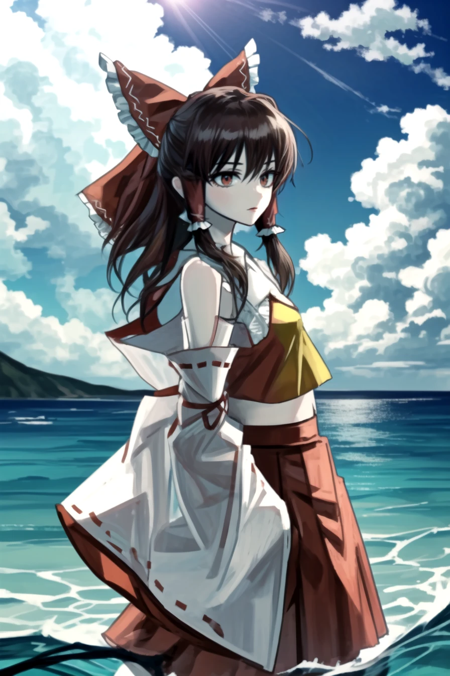 1girl, ((hakurei reimu)),  blue sky, bow, brown hair, cloud, cloudy sky, day, detached sleeves, dress, hair bow, hair tubes, horizon, long hair, ocean, outdoors, red eyes, scenery, skirt, skirt set, sky, solo, sun, water, waves, absurdres, highres,