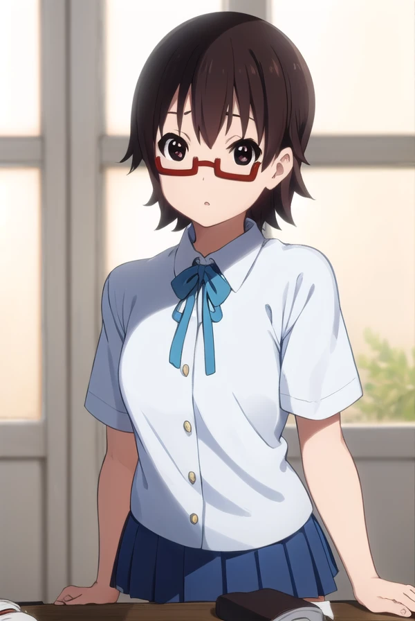 nodokamanabe, <lora:nodoka manabe s2-lora-nochekaiser:1>,
nodoka manabe, short hair, brown hair, (brown eyes:1.5), glasses, semi-rimless eyewear, red-framed eyewear, under-rim eyewear,
BREAK sakuragaoka high school uniform, school uniform, uniform, blazer, shirt, white shirt, collared shirt, skirt, pleated skirt,
BREAK indoors, classroom,
BREAK looking at viewer, (cowboy shot:1.5),
BREAK <lyco:GoodHands-beta2:1>, (masterpiece:1.2), best quality, high resolution, unity 8k wallpaper, (illustration:0.8), (beautiful detailed eyes:1.6), extremely detailed face, perfect lighting, extremely detailed CG, (perfect hands, perfect anatomy),