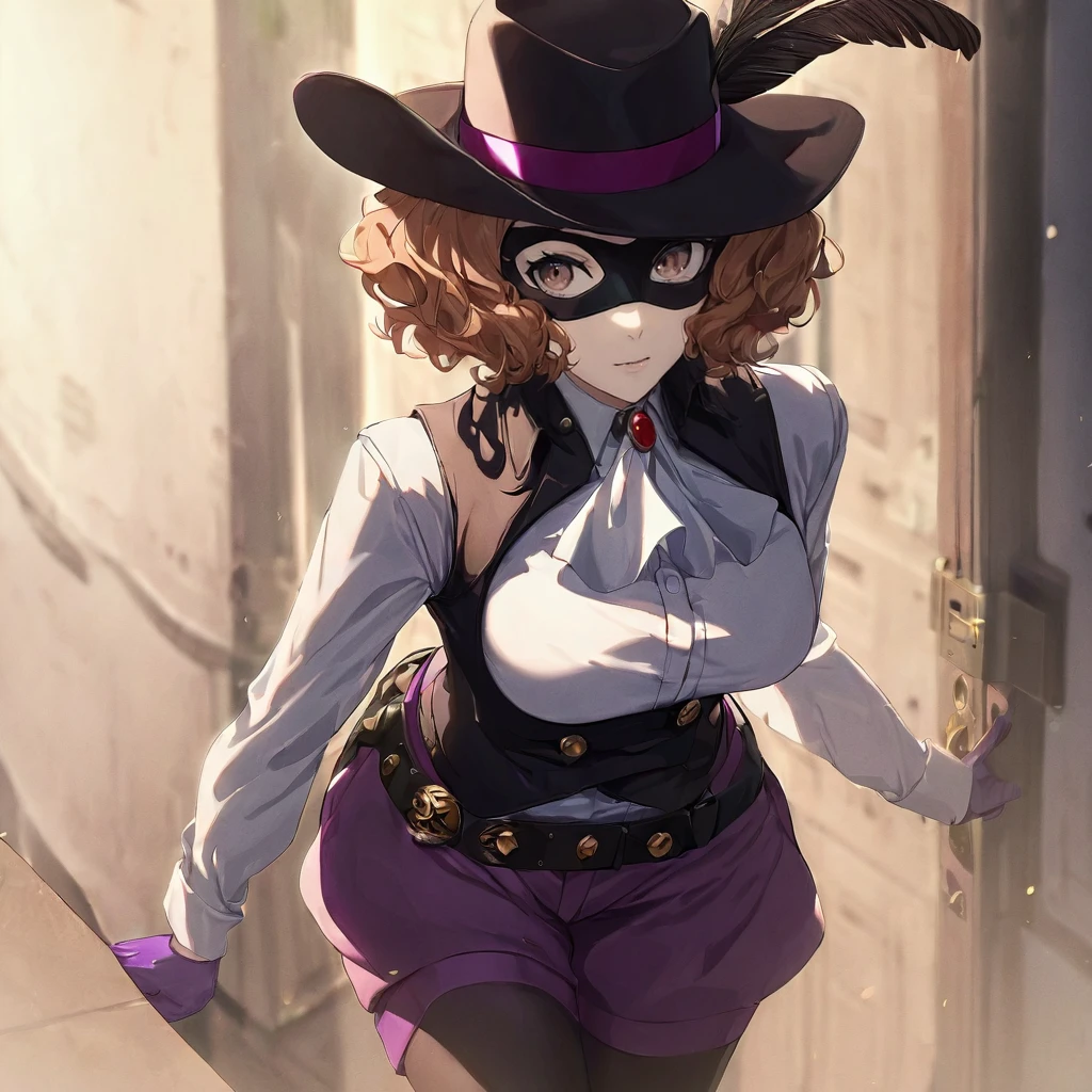 1girl, okumura haru, gloves, hat feather, purple gloves, hat, domino mask, belt, ascot, underbust, vest, legwear under shorts, looking at camera, (masterpiece), cinematic, beautiful light, best quality, newest, safe, absurdres  <lora:haru_xl_rev2:1>