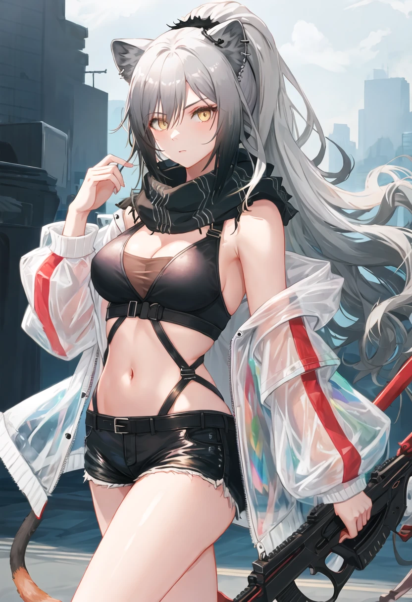 masutepiece,Best Quality, ((Forehead)),((White hair)),((longwavy hair)),((stylish glasses for blue eyes)),(((Very small breasts))),very slender figure,(slightly plump thighs),((40 years,)) ,1lady ,Solo,is standing,Full body ,a choker,黒いa choker ,cropped jackets,long-sleeve ,Black jacket ,Black leather shorts ,gloves ,Belt Pouch ,White background,Silver necklace
