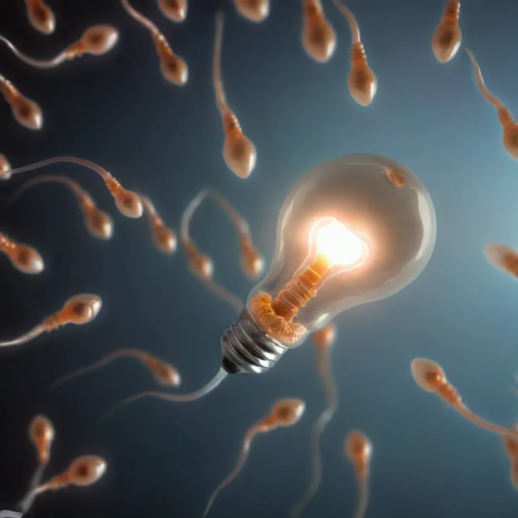 light bulb side shot glowing surrounded by a lot gametes spermazoid, cinematic <lora:gametes :1>