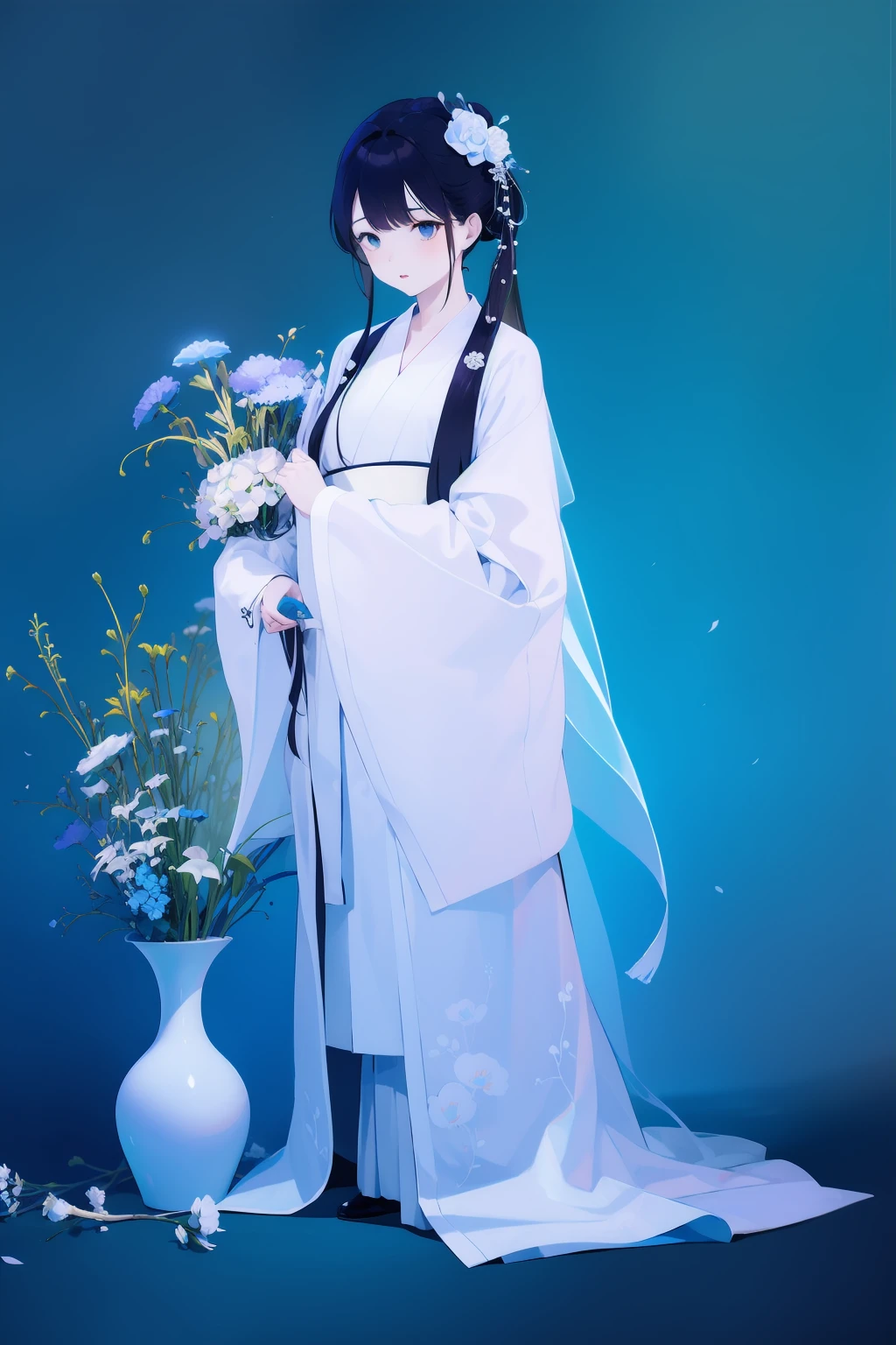 1girl, solo, long hair, black hair, hair ornament, long sleeves, holding, standing, full body, flower, blue background, blue theme, vase, hanfu,<lora:lbc_lanse_hanfu:0.7>,